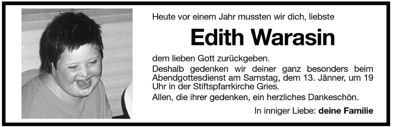  Traueranzeige für Edith Warasin vom 12.01.2001 aus Dolomiten