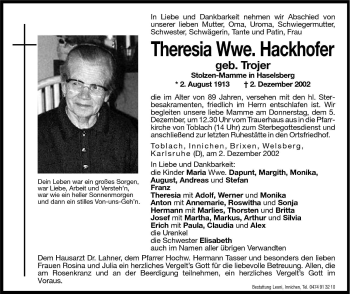 Traueranzeige von Theresia Hackhofer von Dolomiten