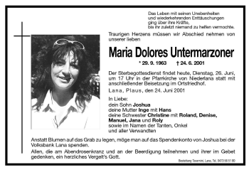Traueranzeige von Maria Dolores Untermarzoner von Dolomiten