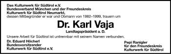 Traueranzeige von Karl Vaja von Dolomiten