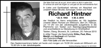 Traueranzeige von Richard Hintner von Dolomiten