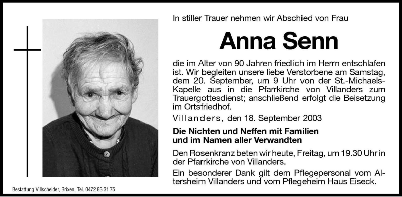  Traueranzeige für Anna Senn vom 19.09.2003 aus Dolomiten