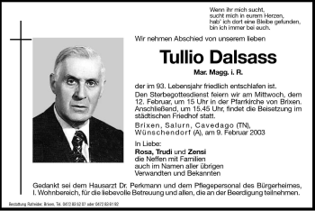 Traueranzeige von Tullio Dalsass von Dolomiten