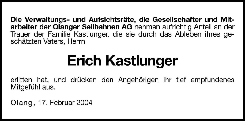  Traueranzeige für Erich Kastlunger vom 17.02.2004 aus Dolomiten