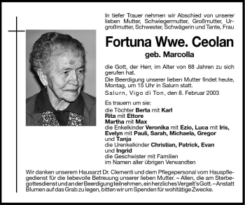 Traueranzeige von Fortuna Ceolan von Dolomiten