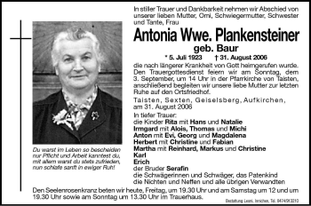 Traueranzeige von Antonia Plankensteiner von Dolomiten