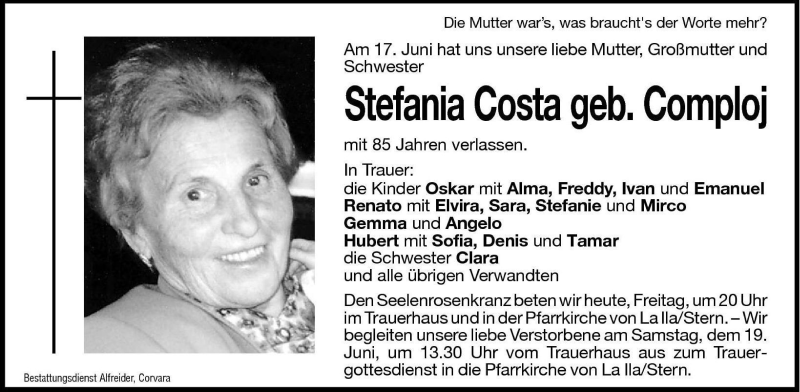  Traueranzeige für Stefania Costa vom 18.06.2004 aus Dolomiten