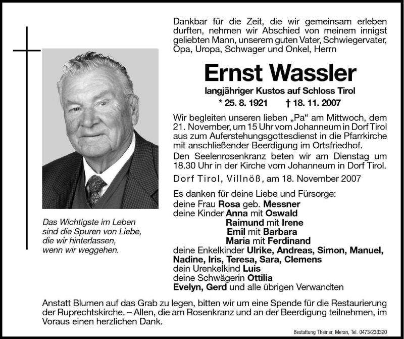  Traueranzeige für Ernst Wassler vom 19.11.2007 aus Dolomiten