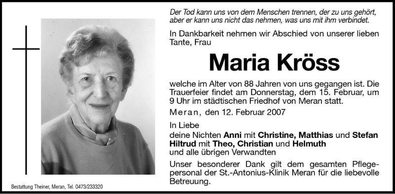  Traueranzeige für Maria Kröss vom 14.02.2007 aus Dolomiten