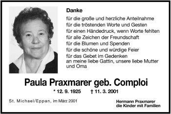 Traueranzeige von Paula Praxmarer von Dolomiten