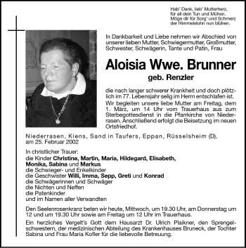 Traueranzeige von Aloisia Brunner von Dolomiten