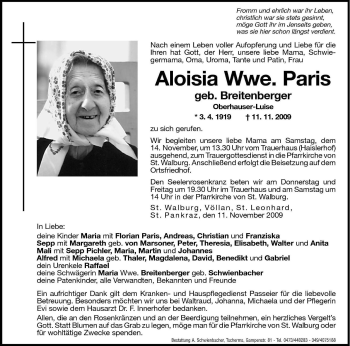 Traueranzeige von Aloisia Paris von Dolomiten