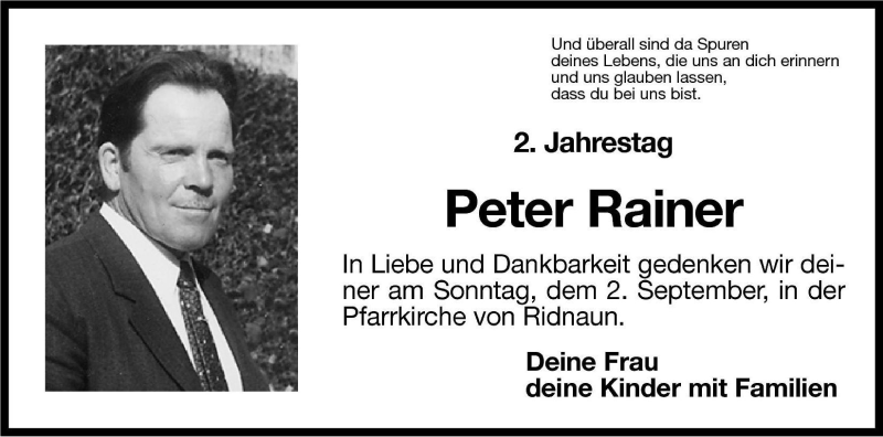 Traueranzeige für Peter Rainer vom 01.09.2001 aus Dolomiten