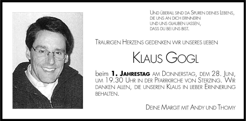  Traueranzeige für Klaus Gogl vom 27.06.2001 aus Dolomiten