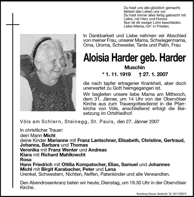  Traueranzeige für Aloisia Harder vom 30.01.2007 aus Dolomiten