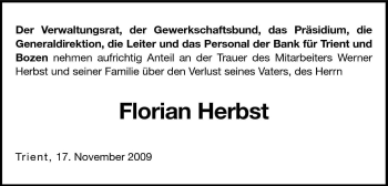 Traueranzeige von Florian Herbst von Dolomiten