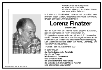 Traueranzeige von Lorenz Finatzer von Dolomiten