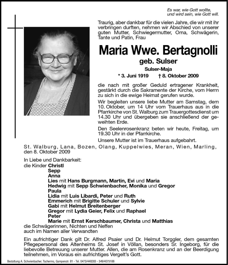  Traueranzeige für Maria Bertagnolli vom 09.10.2009 aus Dolomiten