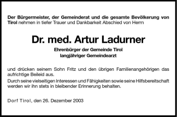 Traueranzeige von Artur Ladurner von Dolomiten