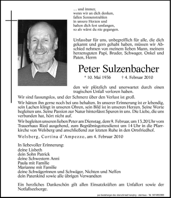 Traueranzeige von Peter Sulzenbacher von Dolomiten