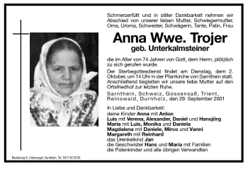 Traueranzeige von Anna Trojer von Dolomiten