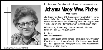 Traueranzeige von Johanna Pircher von Dolomiten