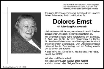 Traueranzeige von Dolores Ernst von Dolomiten