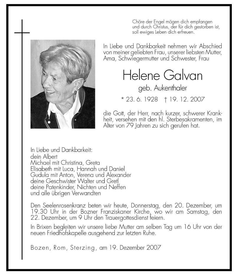  Traueranzeige für Helene Galvan vom 20.12.2007 aus Dolomiten