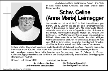 Traueranzeige von Celine (Anna Maria) Leimegger von Dolomiten