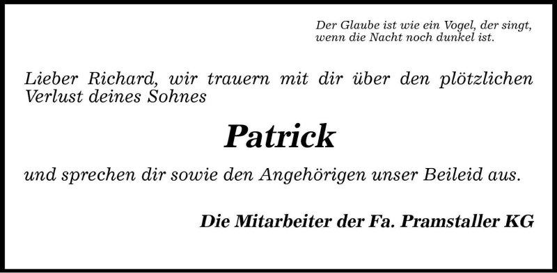  Traueranzeige für Patrick  vom 12.06.2001 aus Dolomiten