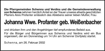 Traueranzeige von Johanna Profanter von Dolomiten