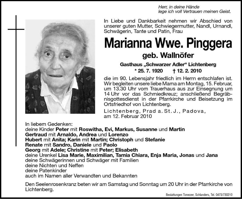  Traueranzeige für Marianna Pinggera vom 13.02.2010 aus Dolomiten