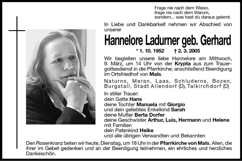  Traueranzeige für Hannelore Ladurner vom 08.03.2005 aus Dolomiten
