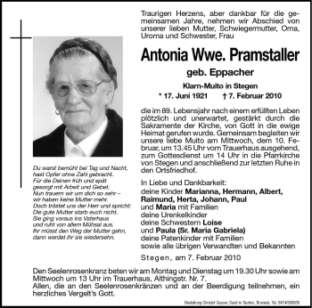 Traueranzeige von Antonia Pramstaller von Dolomiten