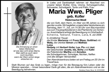 Traueranzeige von Maria Pliger von Dolomiten