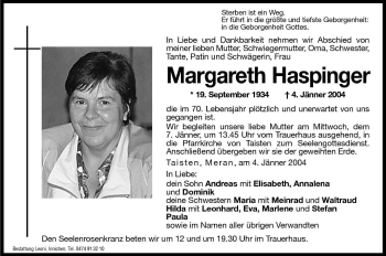Traueranzeige von Margareth Haspinger von Dolomiten