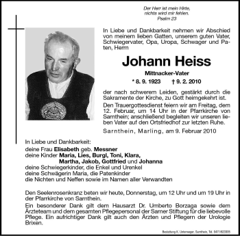 Traueranzeige von Johann Heiss von Dolomiten