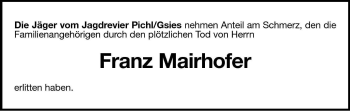 Traueranzeige von Franz Mairhofer von Dolomiten