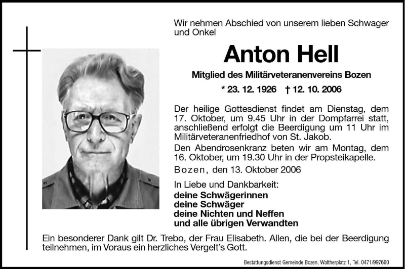  Traueranzeige für Anton Hell vom 14.10.2006 aus Dolomiten