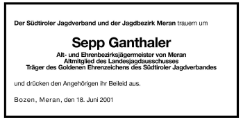 Traueranzeige von Sepp Ganthaler von Dolomiten