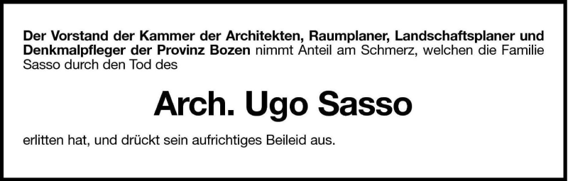  Traueranzeige für Ugo Sasso vom 20.01.2009 aus Dolomiten