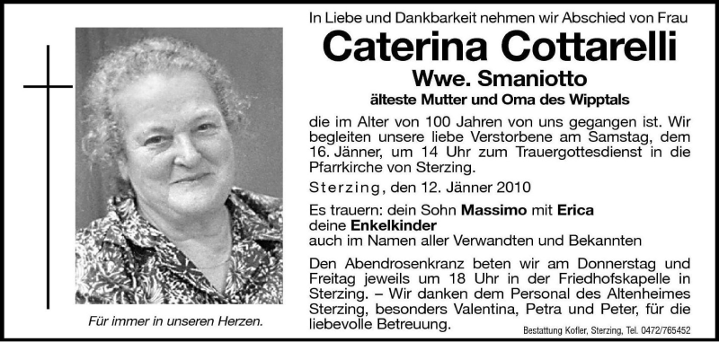  Traueranzeige für Caterina Smaniotto vom 14.01.2010 aus Dolomiten