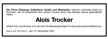 Traueranzeige von Alois Trocker von Dolomiten