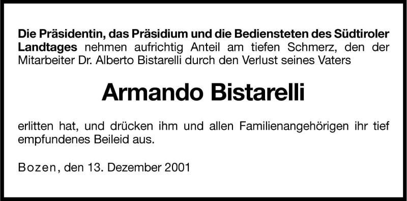  Traueranzeige für Armando Bistarelli vom 15.12.2001 aus Dolomiten