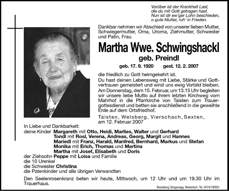  Traueranzeige für Martha Schwingshackl vom 14.02.2007 aus Dolomiten