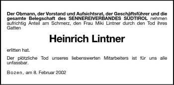 Traueranzeige von Heinrich Lintner von Dolomiten