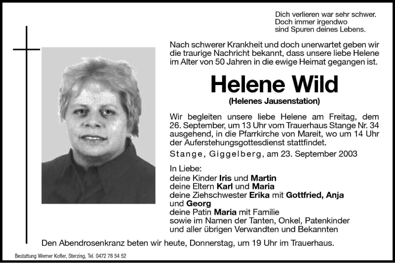  Traueranzeige für Helene Wild vom 25.09.2003 aus Dolomiten