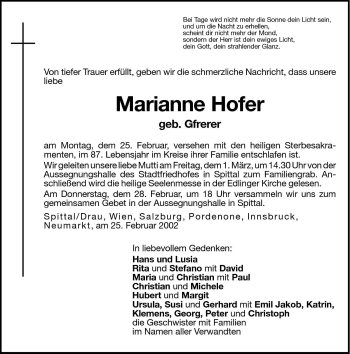 Traueranzeige von Marianne Hofer von Dolomiten
