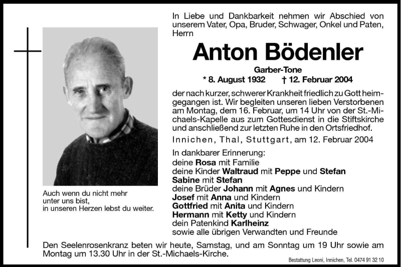  Traueranzeige für Anton Bödenler vom 14.02.2004 aus Dolomiten