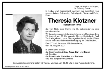 Traueranzeige von Theresia Klotzner von Dolomiten